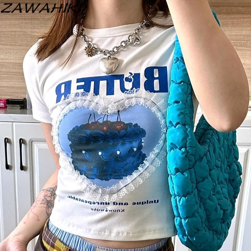 

Preppy Top Female Lace Patchwork Sweet Women's T-shirts Slim Korean Print Crop Tops Kawaii Office Lady Fashion Mujer Camisetas