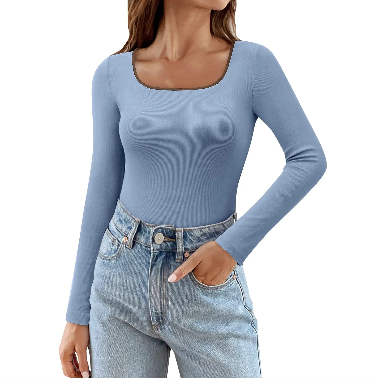 Ladies' Long Sleeve Square Neck T-Shirts Ribbed Tight Knit Sexy Slim Fitting Versatile Casual Basic Cropped Lightwight Shirt