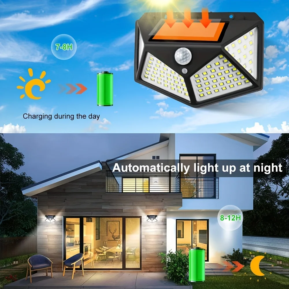 1pc 100 LED Waterproof Solar Wall Light 3 Modes LED Solar Powered Smart Motion Sensor Light For Balconies Patios Patios Gardens