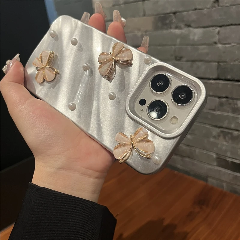 3D Crystal Butterfly Pearl Water Ripple Plating Case For iPhone 15 14 13 12 11 Pro Max X XS XR 7 8 Plus SE 3 Shockproof Cover