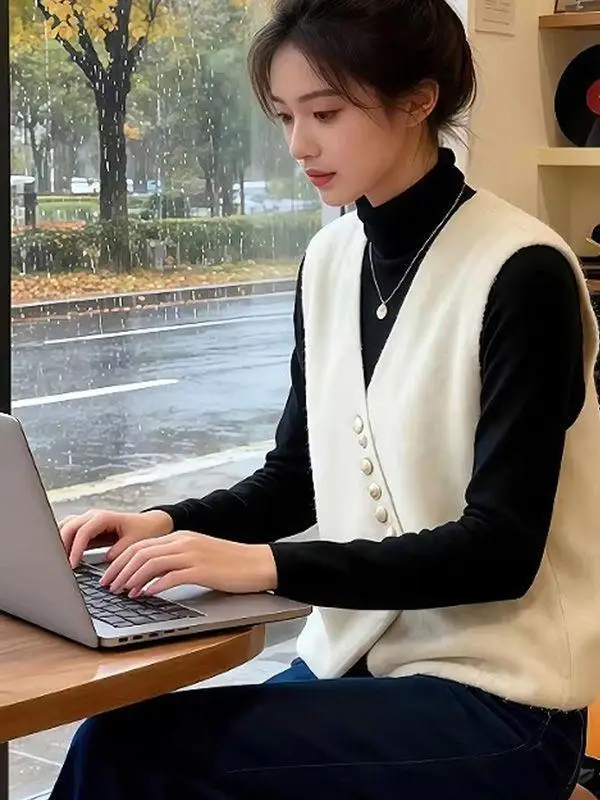 Fashionable Luxury  Color Knitted V-Neck Waistcoat Autumn Winter New Style Korean Sleeveless Simple Commuting Women's Wear