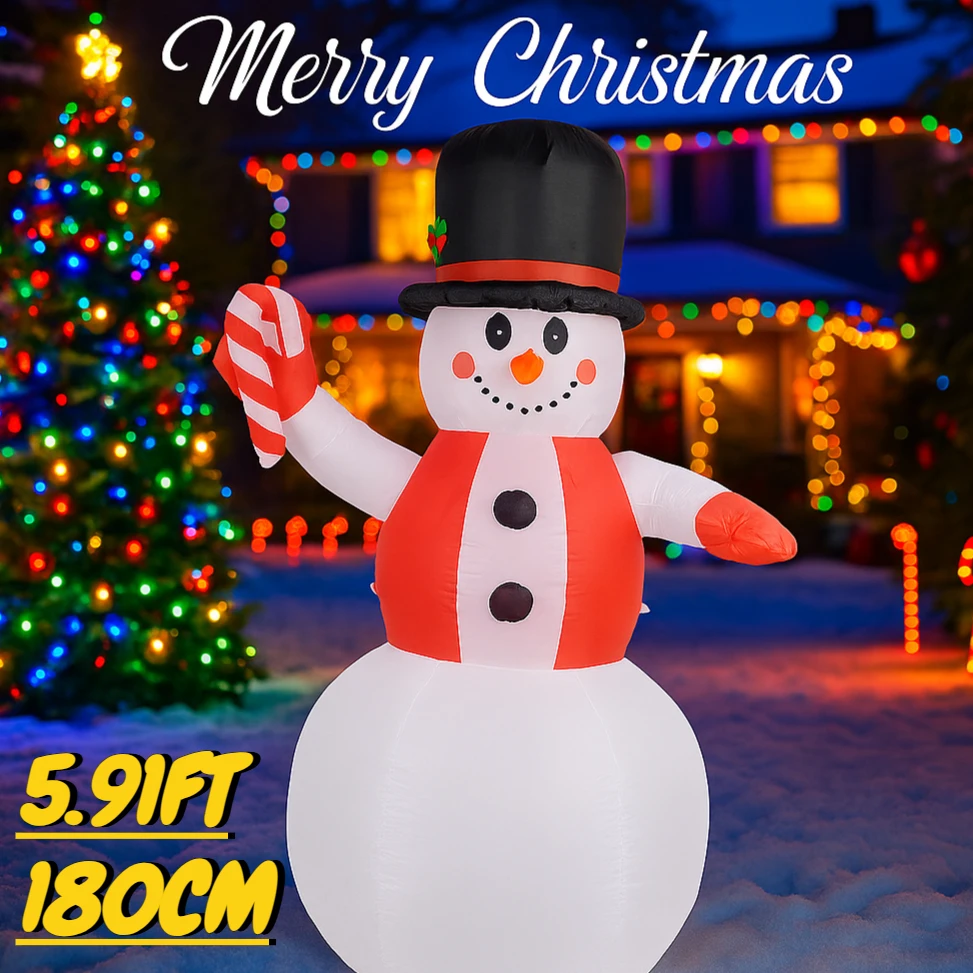 5.91FT Opblaasbare Speelgoedhoed Sneeuwpop Snoepgoed met LED Verlichte Kerstmis voor Tuin Gazon Feestdecoratie Kerst Thuis Leveringen Ornament Gift