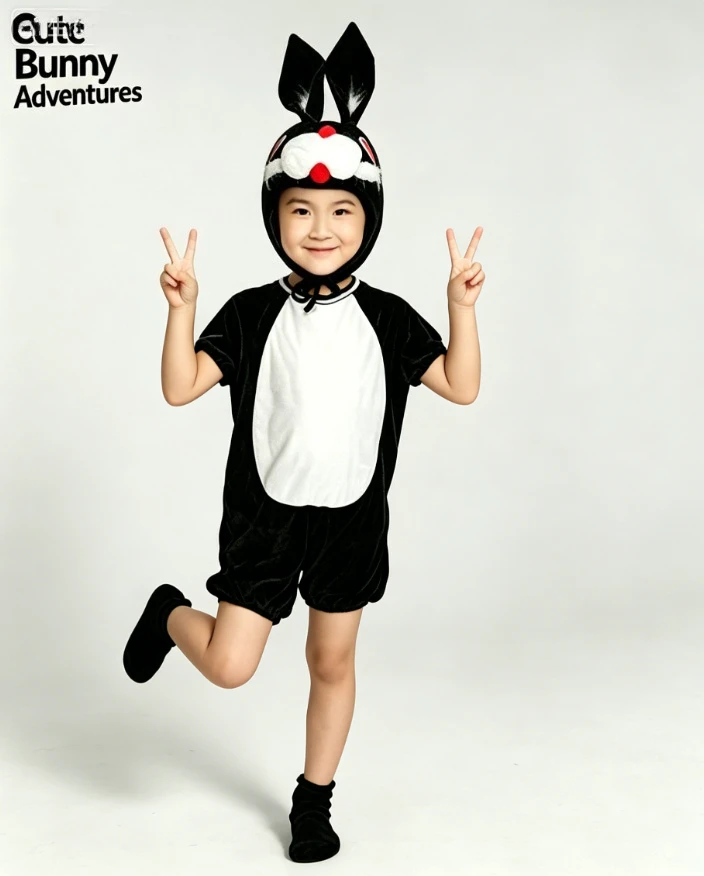 

Kid Black Red Rabbit Cotton Bunny Onesie Hooded Stage Performance Outfit Halloween Easter Carnival School Show Cute DressUp Suit