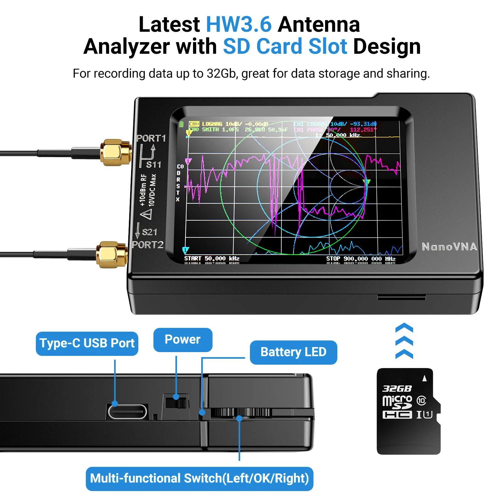 Network Antenna Analyzer, NanoVNA-H Vector10KHz-1.5G HzMF HF VHF UHF with Shell Voltage Standing Wave Ratio, Phase, Delay,Smith