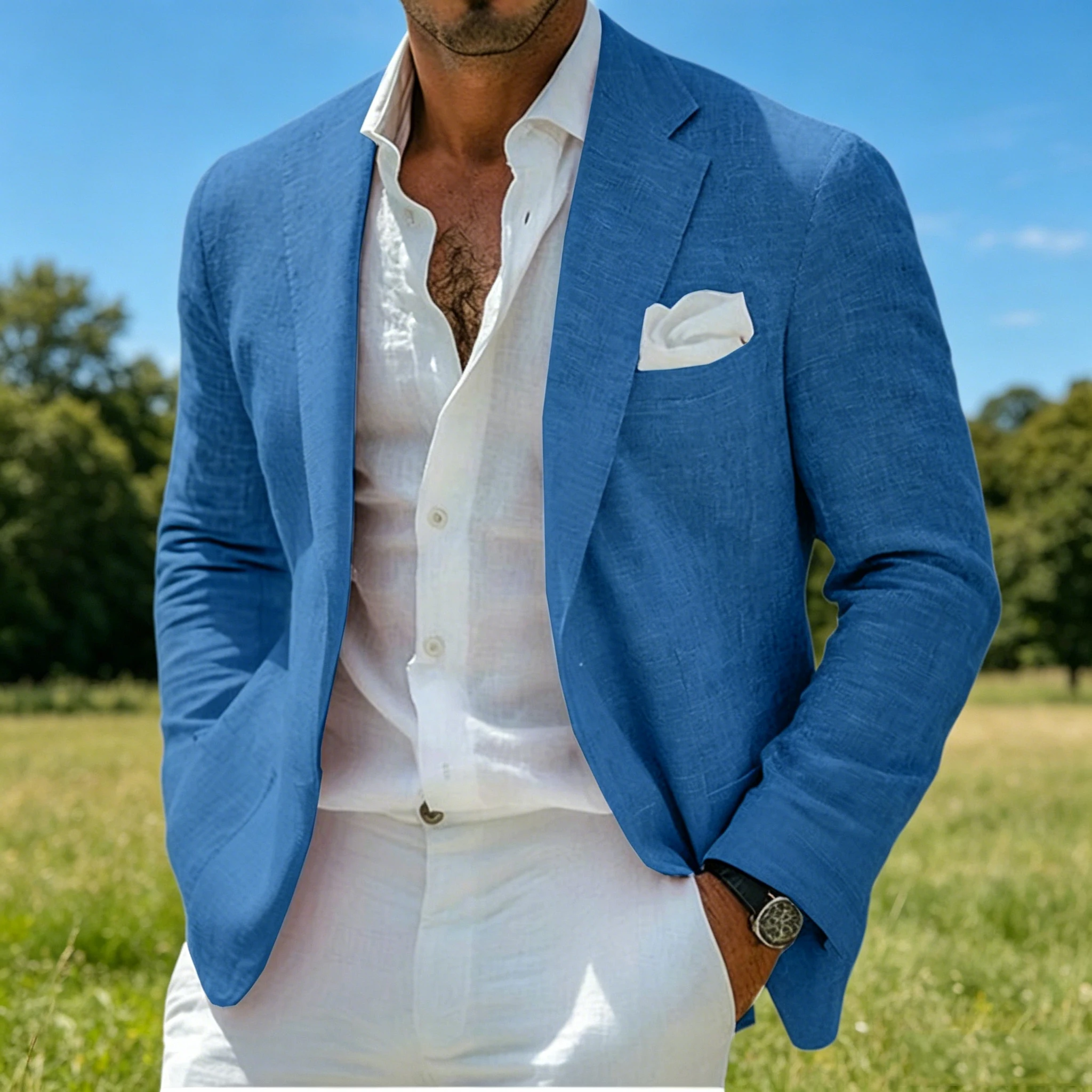 

Summer Men's Linen Blazer Slim Fit Formal Business Lightweight Casual Suit Jacket Breathable Notch Lapel Sport Coat for Beach