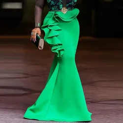 Green Mermaid Lady Skirts Ruffles Satin Floor Length Girls Skirts Elegant Women Formal Wear Birthday Party Gowns Trumpet Skirt