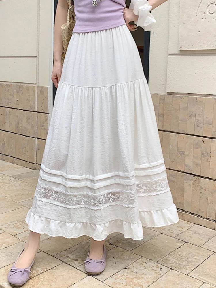 

SMTHMA Black And White Lace Spliced Midi Skirt Women's New Summer Cake Skirt 2025 Korean Chic Version Big Swing Umbrella Skirt