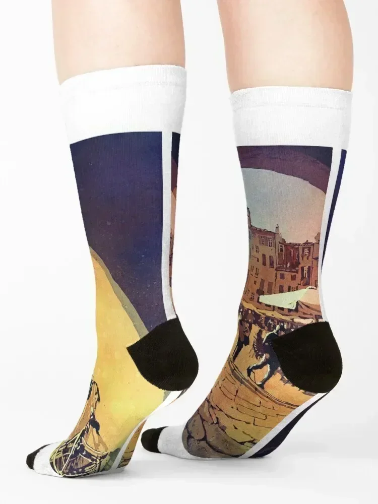 Watercolor painting of Lucca, Italy- people in the Anfiteatro central square. Painting Lucca Italy artwork Socks