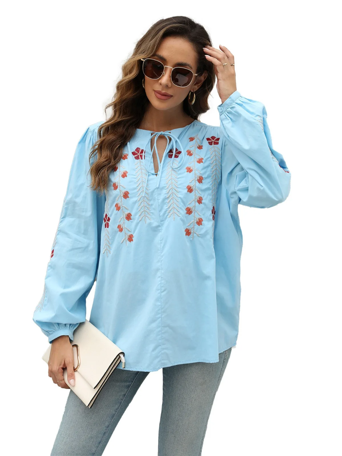 

Khalee Yose Boho Embroidery Floral Blouse Shirt Rayon Blue Autumn Spring Harajuku Vintage Streetwear Female 23XXL Outwear Tops