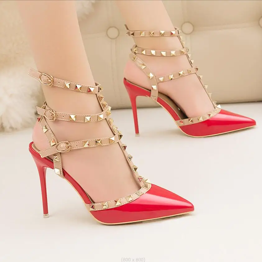 

Women's shoes Roman fashion rivet sandals PU Sexy nightclub stiletto heels patent-leather metallic rivet hollow Stiletto heels