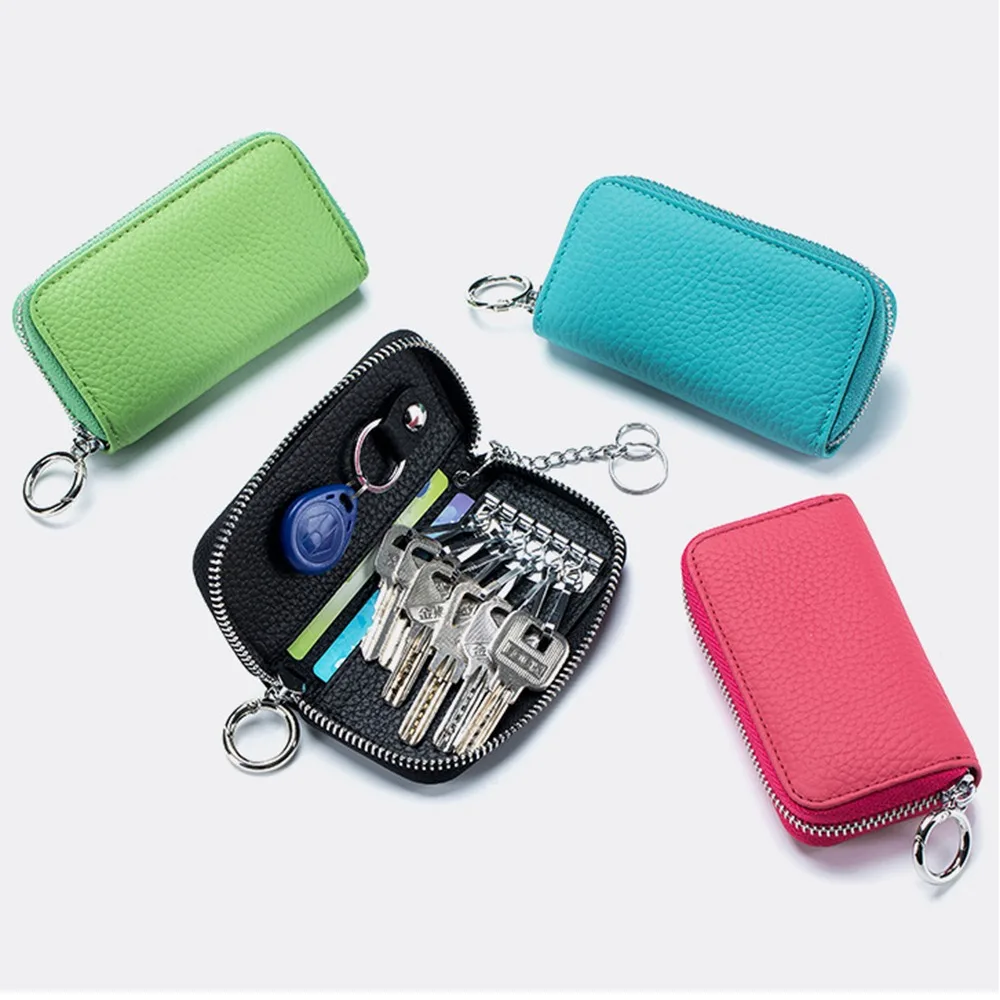 

Multifunctional Keychain Pouch Zipper Closure Soft Leather Car Key Organizer Candy Color Waterproof Portable Key Bag Women
