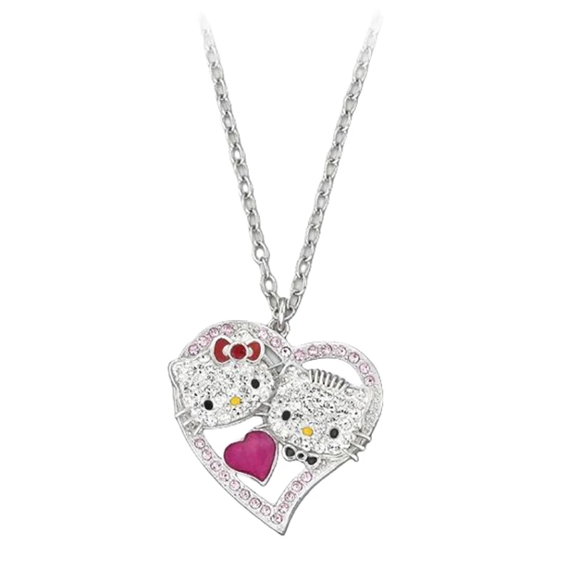 Love Heart Hello Kitty Rhinestone Finger Ring Shiny Crystal Kitty Cat Pendant Necklace Thin Chain Necklaces Women's Jewelry