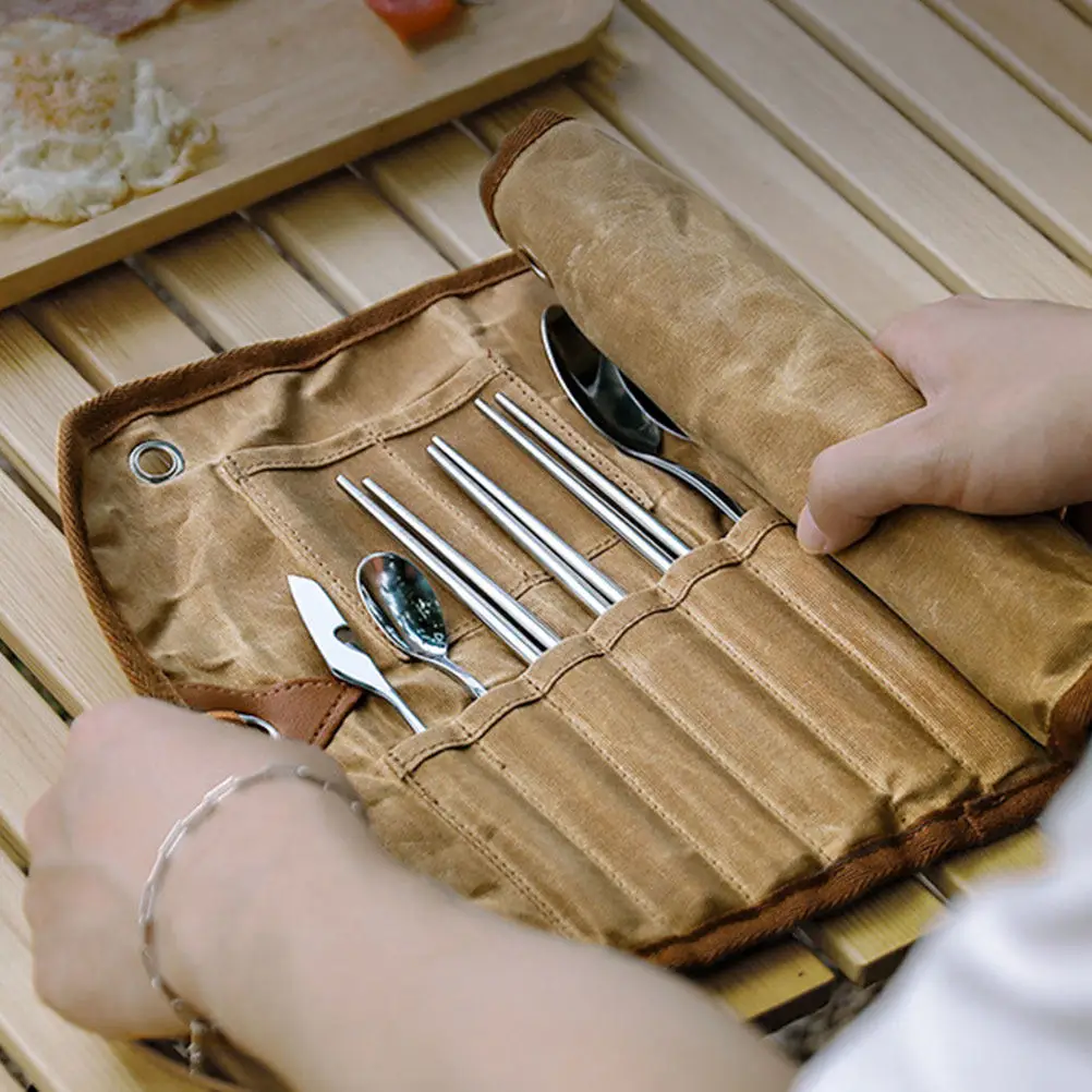 

Camping Tableware Bag Heavy Duty Canvas Outdoor Picnic Organizer Folding Cutlery Roll Portable Tableware Storage Hanging
