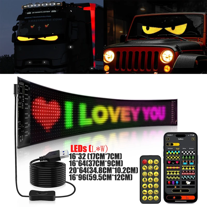 

Car Rear Window Pixel Soft Screen Devil Eye Led Pixel Panel Full Color Light Remote Control Soft Foldable Scrolling App Control