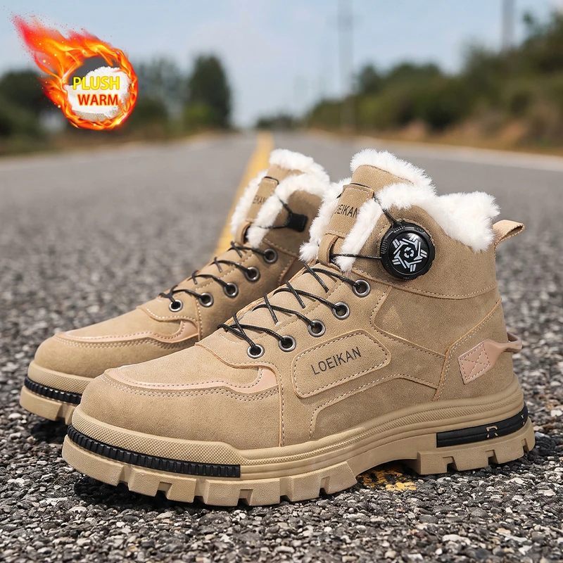 Men Winter High‑top Boots Rotary Knob Fleece Lined Warm Plush Thick Non‑slip Sole For Cold Weather Daily City Walking