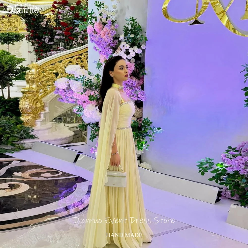 

Dianruo Yellow Cape Evening Dress Flowy Ruched Party Gown 2026 A Line Chiffon Rhinestone Sparkly Vestidos Formales Customized