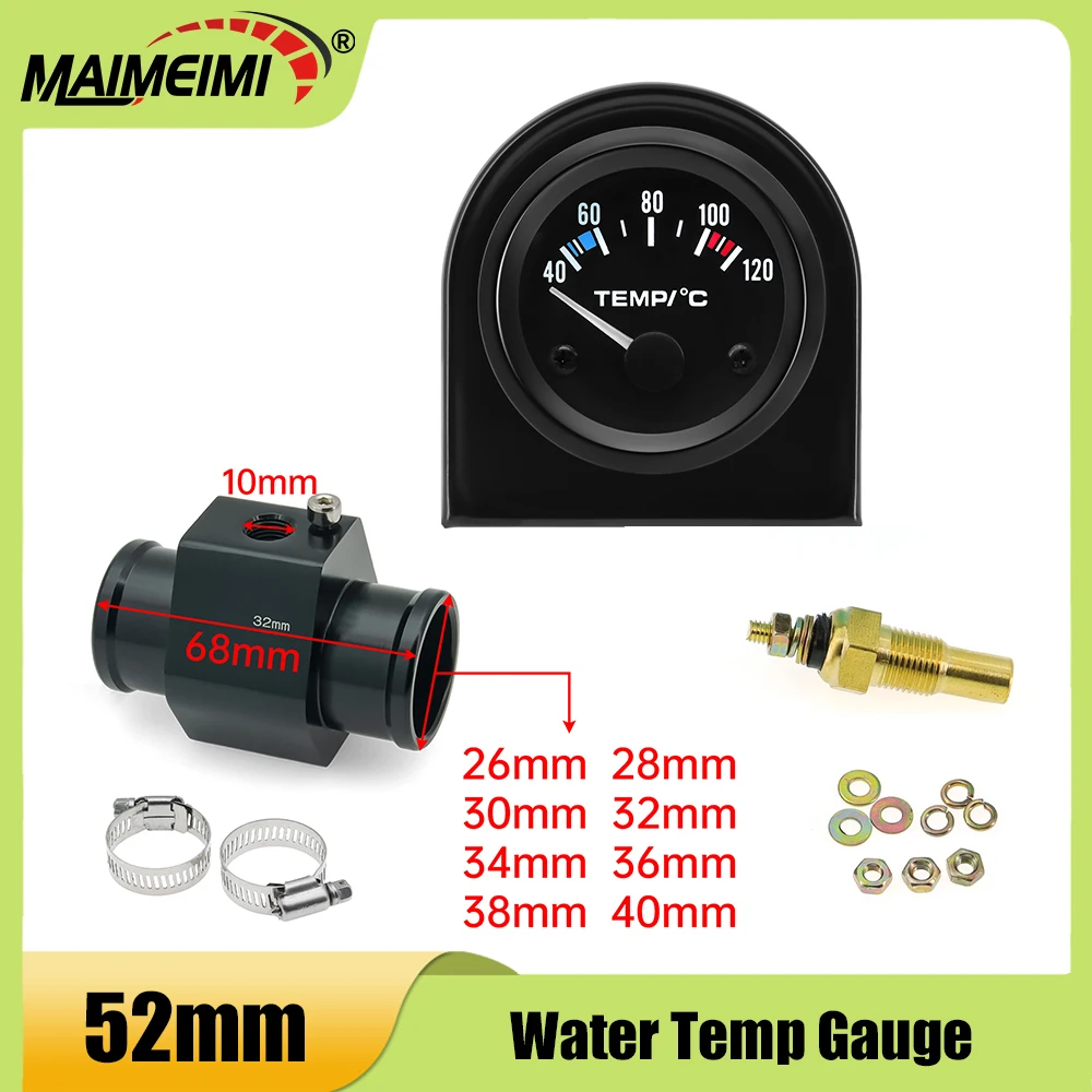 

52mm Water Temperature Gauge 40-120 Celsius Water Temp Sensor Joint Pipe Sensor 26/28/32/34/36/38/40mm Hose Adapter For 12V Car