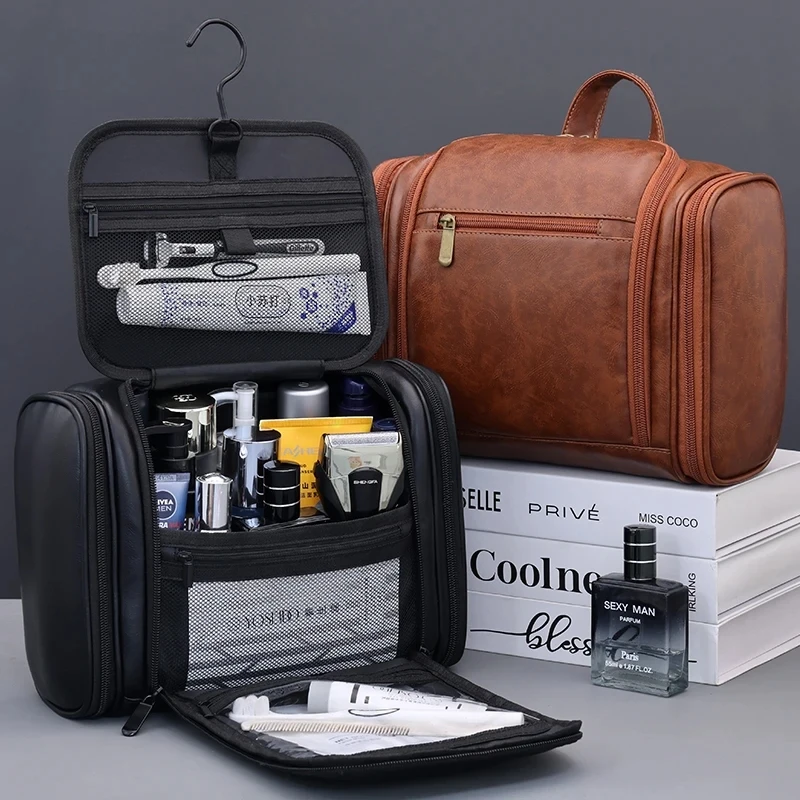 Image of Große Kapazität PU-Leder Kosmetiktasche Reise-Kosmetikorganizer Multifunktionale Toilettentasche Wasserdichte Aufbewahrungstasche für Unisex
