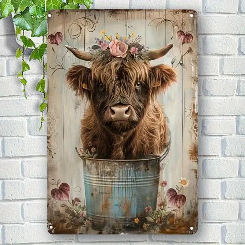 Decoración de Pared Metálica 2D Flat Vaca Rústica Floral, Arte Vintage Multiespacio Ideal para Casa Garaje Y Jardín