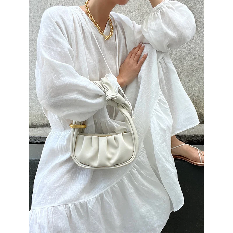 SheonDHF: ins blogger style linen dress, fashionable in summer, small crowd, round neck, French lace up, thin in the middle