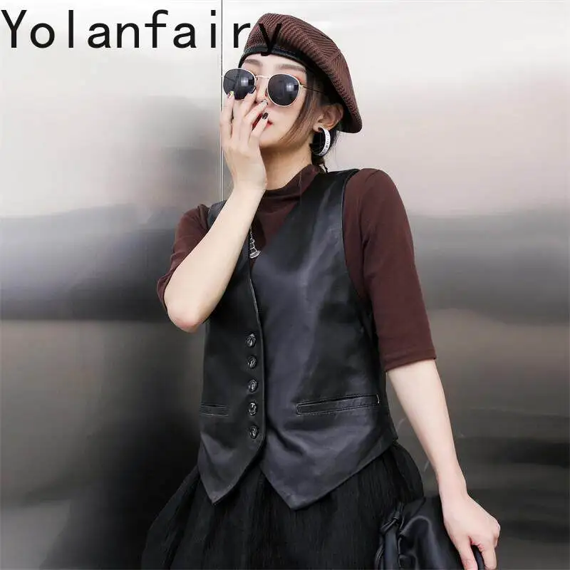 YOLANFAIRY Genuine Sheepskin Short Vest for Women 2026 Autumn Sleeveless Jacket Slim V Neck Black Real Leather Outer Waistcoat