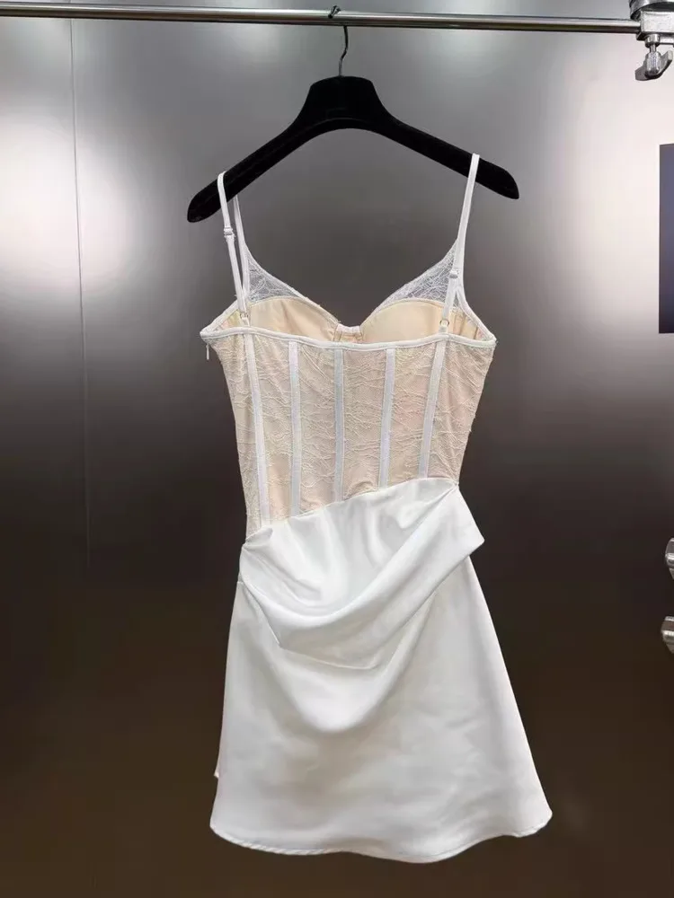 DFDG femmes printemps été blanc dentelle Cami robe Satin froncé jupe élégante fête Clubwear 2025 à la mode féminine robe de mode