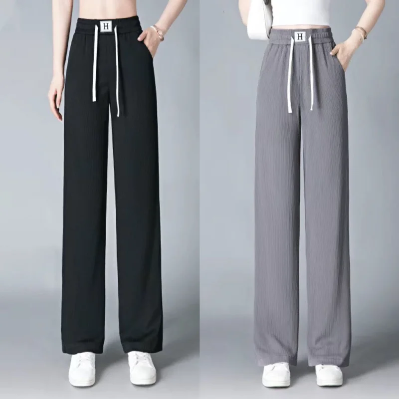 Ice Silk Wide-leg Pants for Women 2025 Summer New Thin Style Drooping High Waist Casual Versatile Sporty Loose