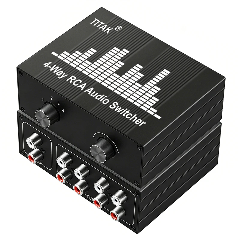 4-Port RCA L/R Audio Switcher Bi-Directional 1-in-4-out 4-in-1-out Splitter for Active Studio Monitor Speakers Pro