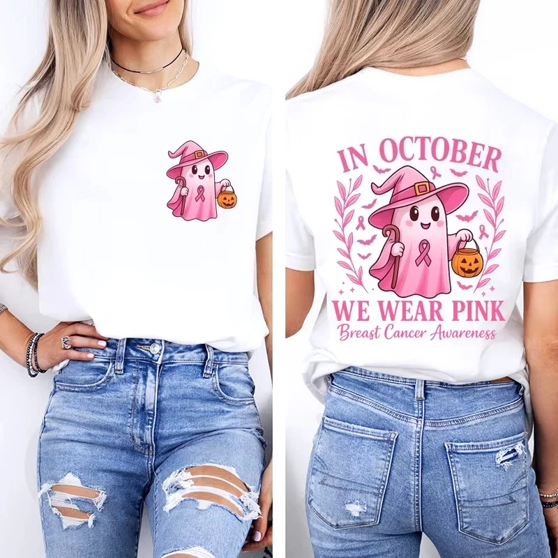 Im Oktober tragen wir rosa: T-Shirt mit grafischem Aufdruck zur Sensibilisierung für Brustkrebs, lässige Oberteile, Halloween, rosa Geister, Damenmode – Detail 6