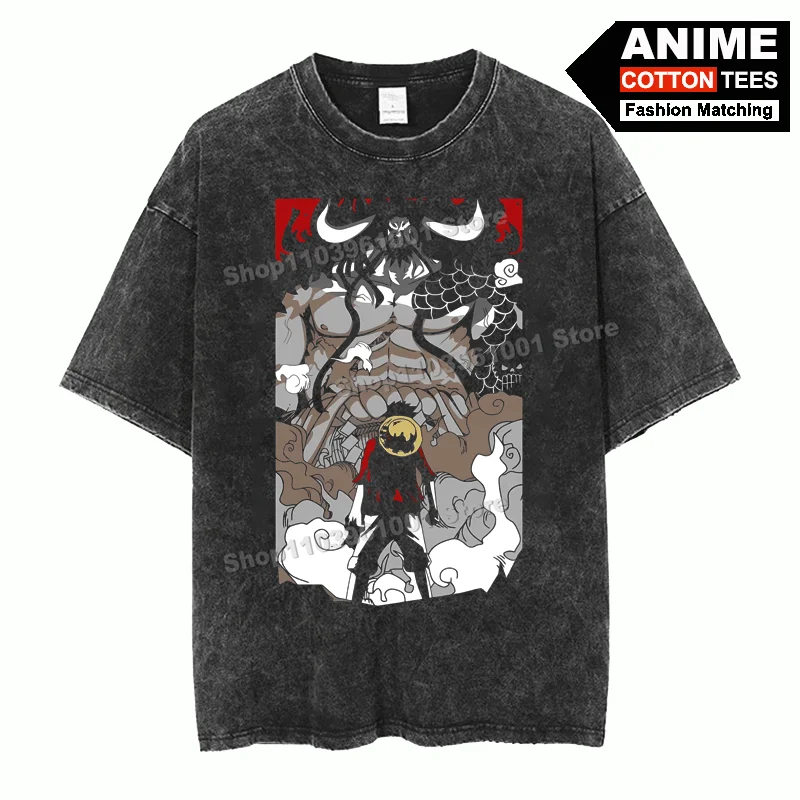 

Anime ONE PIECE - Kaidou VS Luffy Print T Shirt y2k Harajuku Men Women Short Sleeve Cotton Retro Washed Street styl Loose Tees