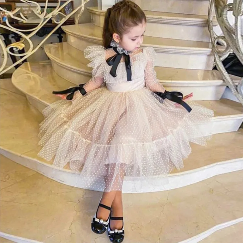 Baby Girl Princess Bow Tutu Dress Long Sleeve Toddler Child Dot Tulle Dance Vestido Birthday Wedding Party Baby Clothes 2-13Y