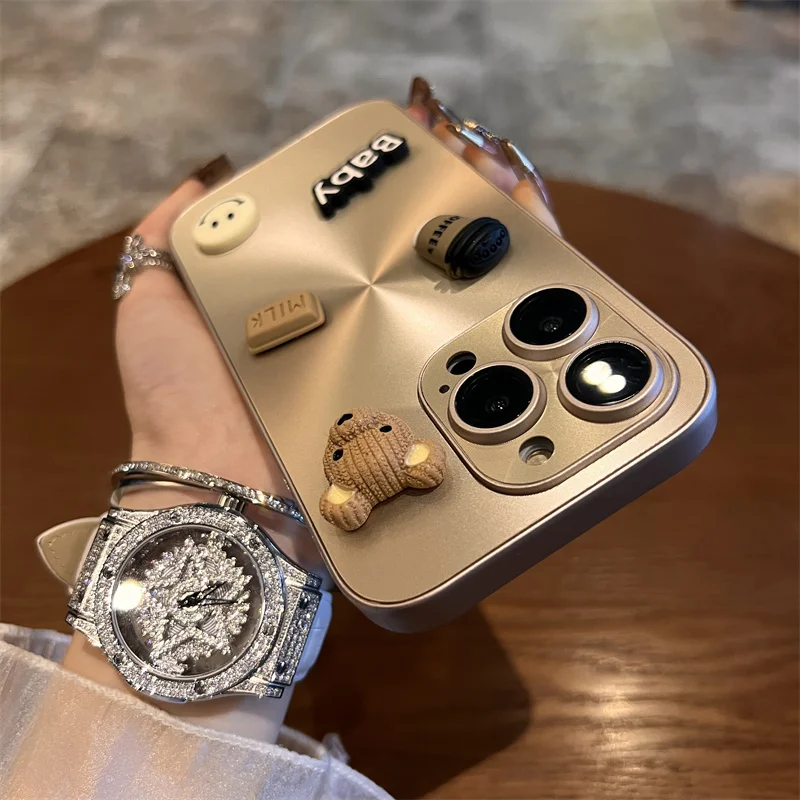 15 Pro Luxury Plating Charm toy Bear Happy Smile Face Lens Protector Cover for iPhone 13 14 16 Pro Max 15 11 12 Pro Cute Gift