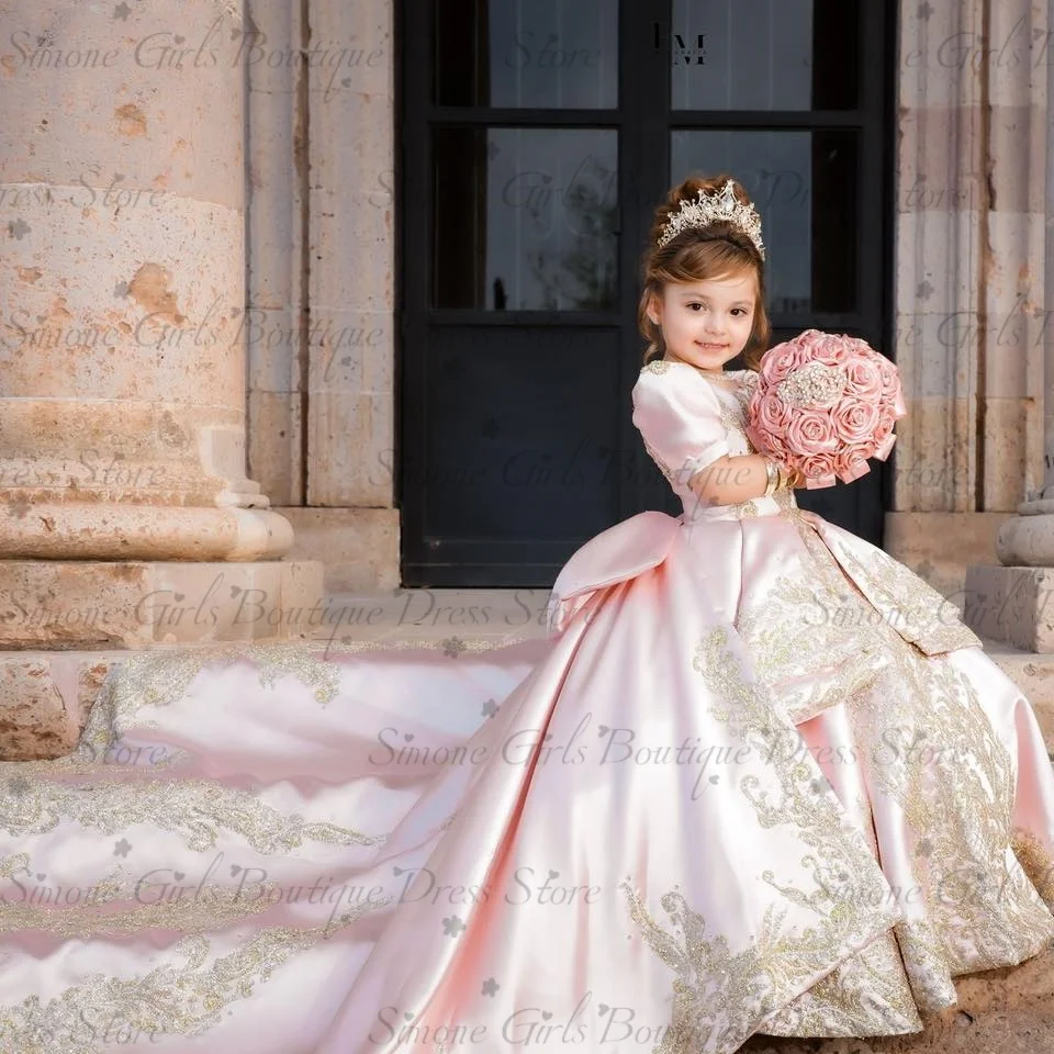 Customized Luxurious Fluffy Flower Girl Dress With Gold Lace Appliqué Satin Long Train Bow Wedding Children's Party Dress
