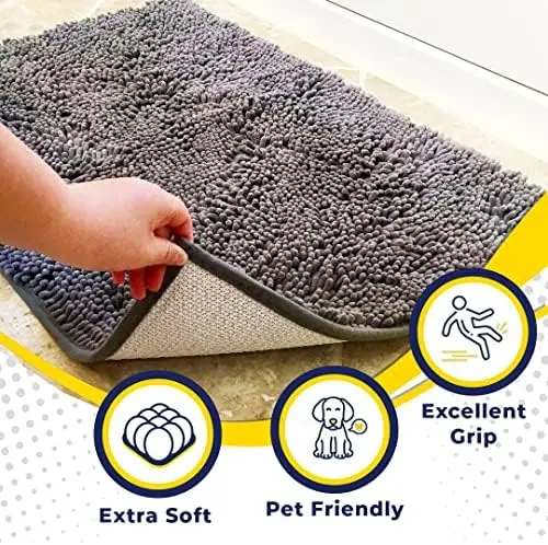 Super Absorbent Grey Chenille Microfiber Dog Door Mat Non-Slip Washable Pet Mat Pads With Solid Pattern For Cats Entryway Carpet