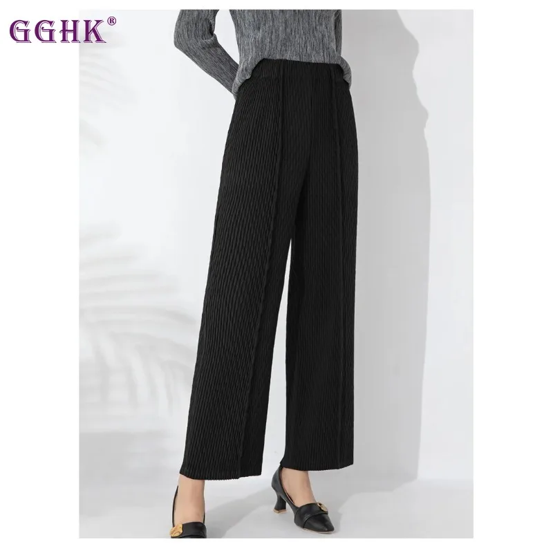 GGHK Miyake-Pantalones plisados de cintura alta para mujer, pantalón informal, holgado, elástico, plegable, de pierna ancha, Color sólido, otoño