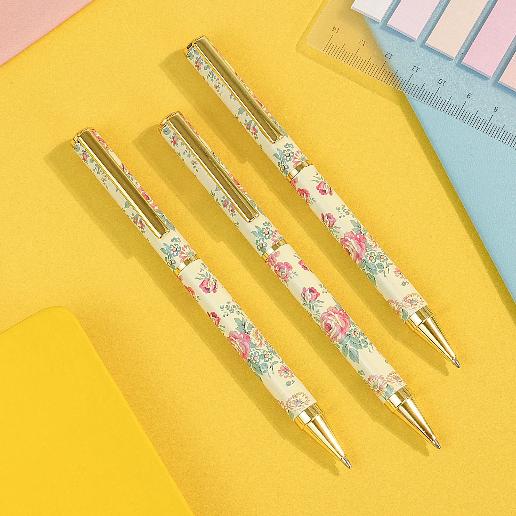 3Pcs Beige Metal Ballpoint Pen,Graceful Flowers and Leaf Pattern,Pink Gift Box Pack,School Office stationery