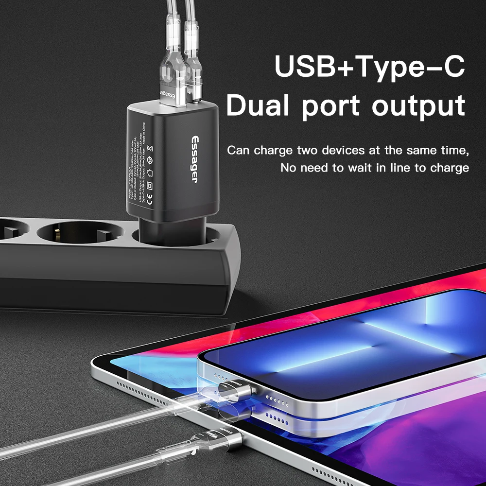 Essager-USB Type-C充電器,30W,デュアルポート3.0,iPhone 14/13/iPad/Xiaomi用の高速ミニアダプター