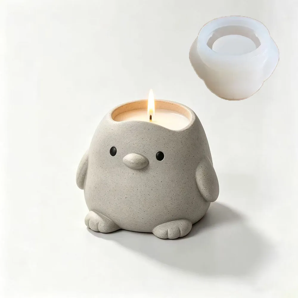 Cute Penguin Candle Jar Silicone Mold Plaster Concrete Pen Holder Clay Storage Box Flower Pot Mold DIY Home Decor Craft