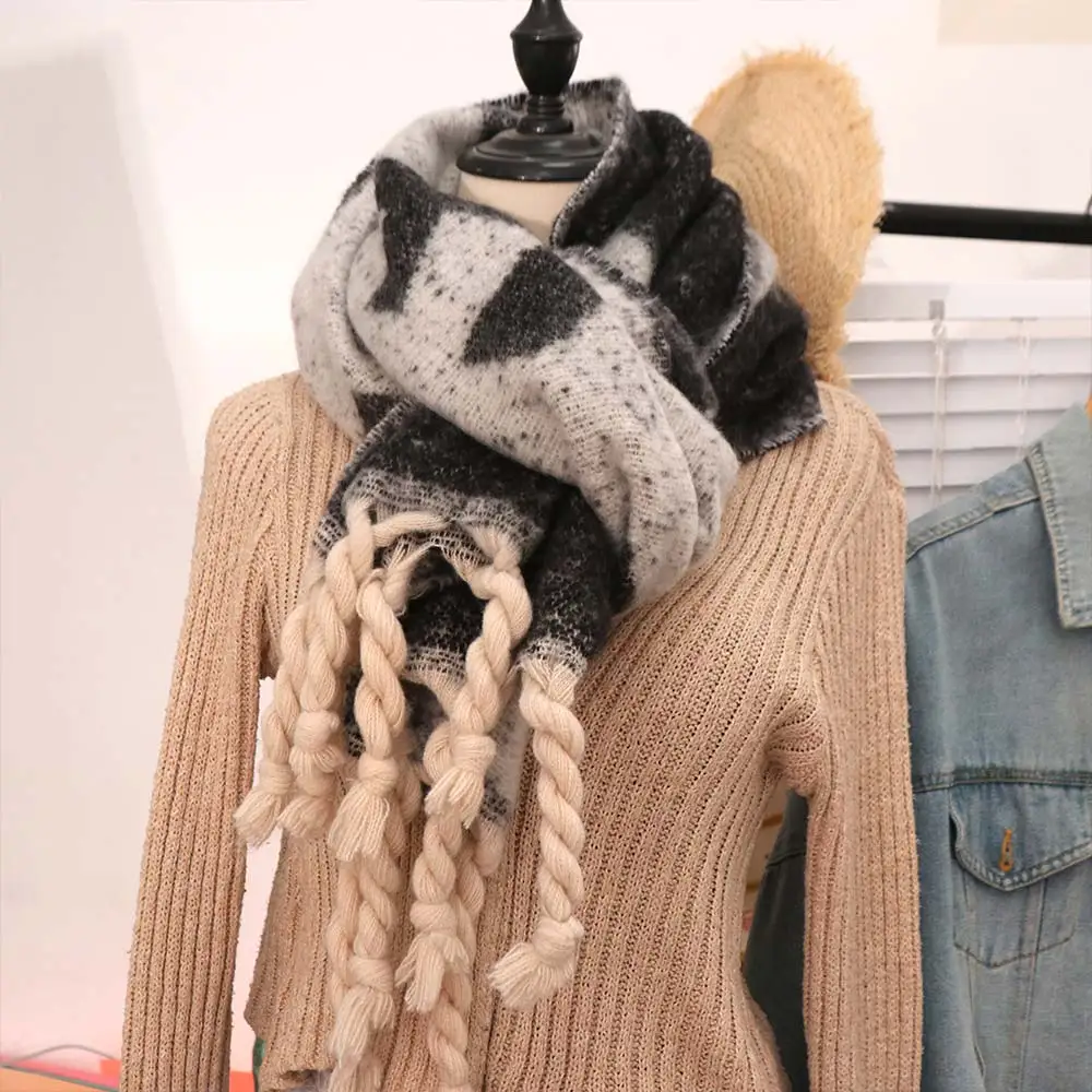 

Повседневные мохеровые шерстяные шарфы с кисточками, толстая коса, бахрома, темно-серый, винтажная толстая шаль, мягкий теплый длинный шарф для девочек