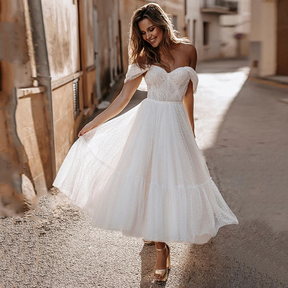 

Short Wedding Dresses For Women A Line Boho Bride Gowns Backless Ivory Bridal Dresses Midi Off Shoulder Elegant Robe De Mariée