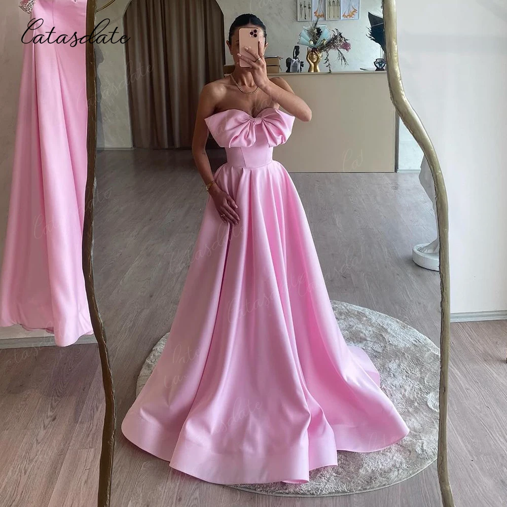 Catasdate Strapless Evening Dress with Big Bow A Line Party Dress for Women Elegant Wedding Party Dresses Prom Dress 2024