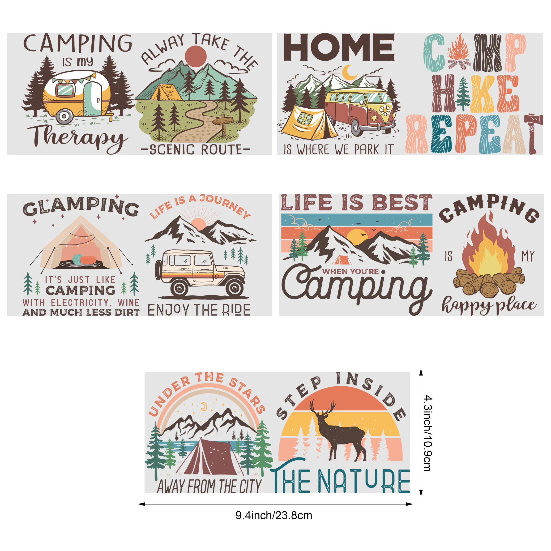 5sheets Camping Themed UV DTF Cup Stickers, Waterproof Sticker Pack For Decorating Mugs, Cups, Bottles, School Supplies, Etc, Ar