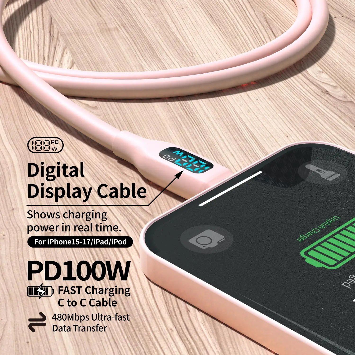 PD100W USB C Superschnelles Ladekabel Niedlicher rosafarbener Silikon-LED-Bildschirm für iPhone 17/16/15 und Typ-C-Telefone Tablets – Detail 3