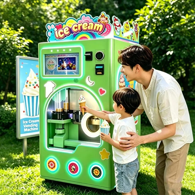 Auto Ice Cream Dispenser Multi Language Export Screen Staff Card QR Coin Payment Adjustable Sweetness Mall 24h Unman Equipment