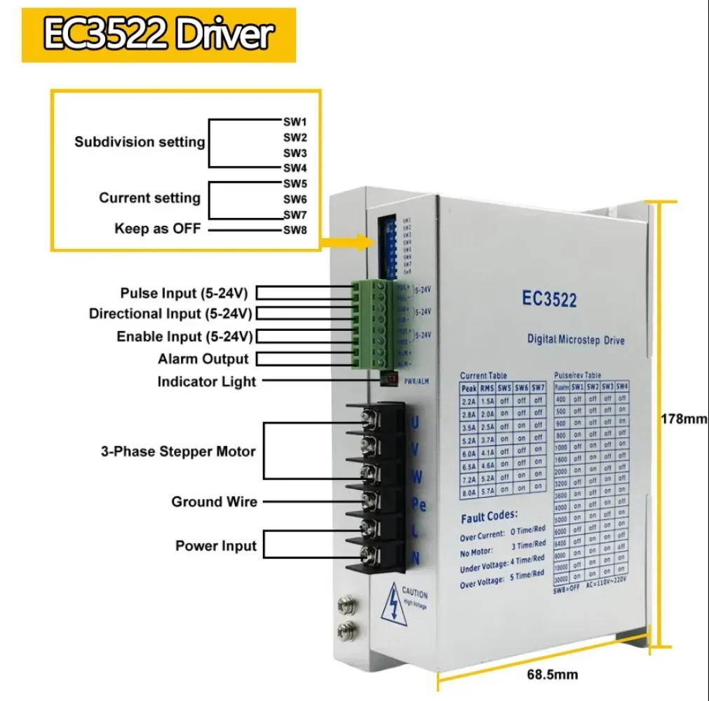 3 Phase Nema34 Nema42 Nema52 Stepper Motor 4.5/8.5/12/16/20/24/35/50Nm 14/19mm Shaft Motor AC80-240V EC3522 EC3822 Driver Kit