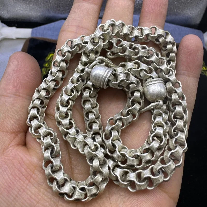 Collier tibétain en cuivre plaqué argent, chaîne entrelacée vieillie vintage, bijoux ethniques élégants unisexes