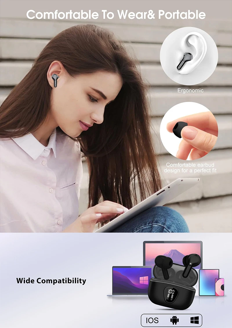 Drahtlose Ohrhörer BT5.3 Kopfhörer HiFi-Stereo-Ohrhörer mit ENC-Geräuschunterdrückung Mikrofon 48H LED-Anzeige IP7 wasserdichte Kopfhörer – Detail 8