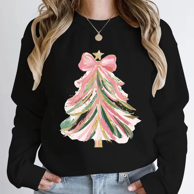 Creative Autumn Winter Women Sweatshirt Funny Leopard Print Bow Christmas Tree Sportswear Crew Neck Female Xmas Party Pullover