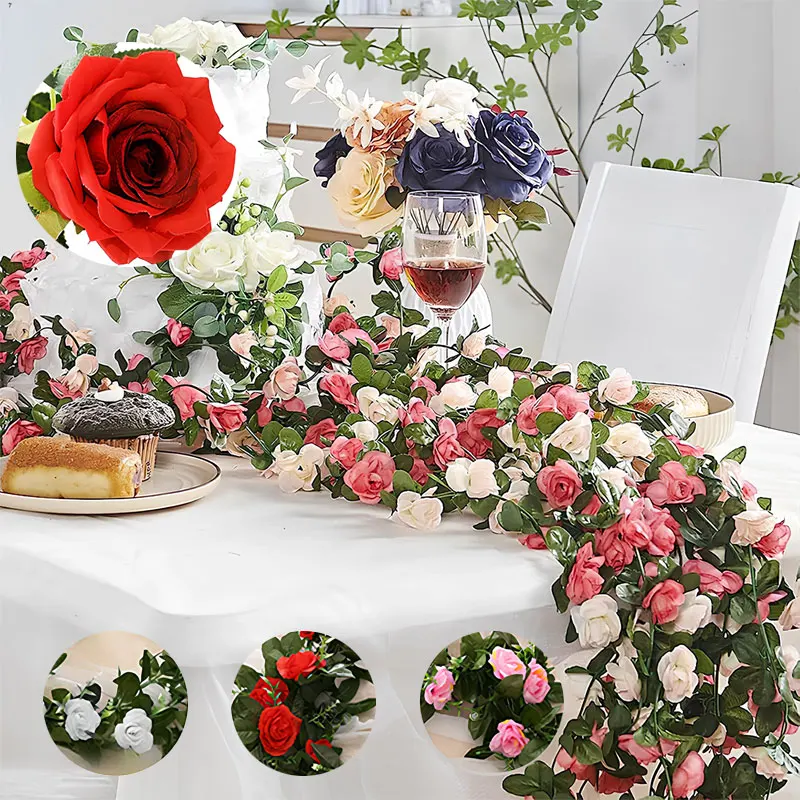 

2pcs Rose Artificial Flower Vine 2.2m Fake Garland Hanging Flowers Rattan for Romantic Wedding Garden Arch Home Party Decoration