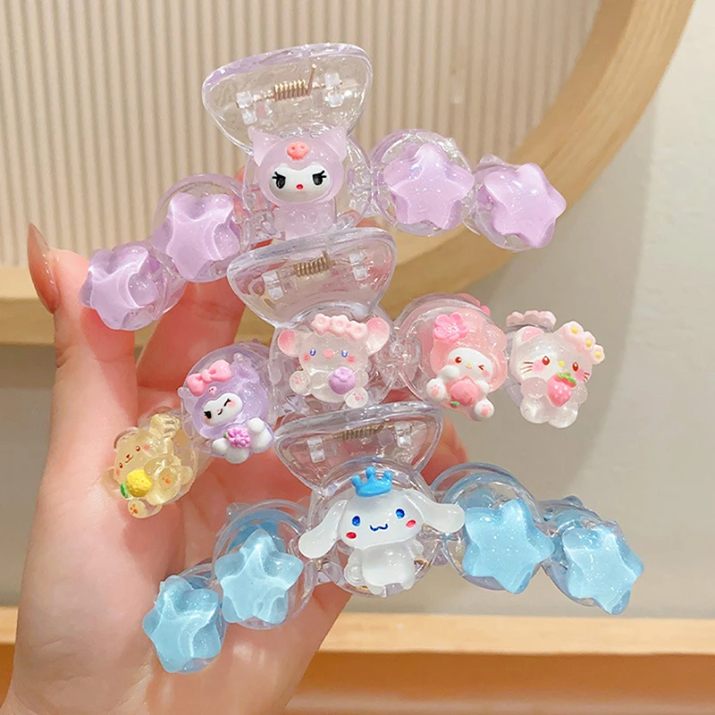 Sanrio  Melody Kuromi Hair Clip Fine Flash Transparent Cartoon Shark Clip Girl Heart Ponytail Hairpins Anime Hair Accessories